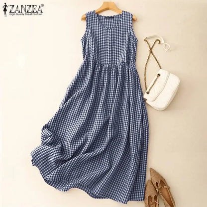 ZANZEA Summer Plaid Checked Sundress Bohemain Holiday Dresses Women Elegant O Neck Sleeveless Dress Casual Baggy Work Vestidos