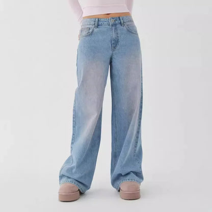 Vintage Distressed Straight-Leg High-Waisted Washing Jeans Loose-Fit Draped Versatile European And American Style Denim Pants