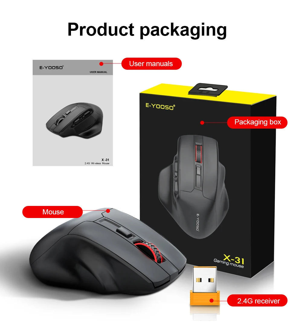 E-YOOSO X-31 Pro USB Gaming Large Mouse Support Bluetooth 2.4G Wireless PAW3212 4800 DPI for gamer Mice computer laptop PC