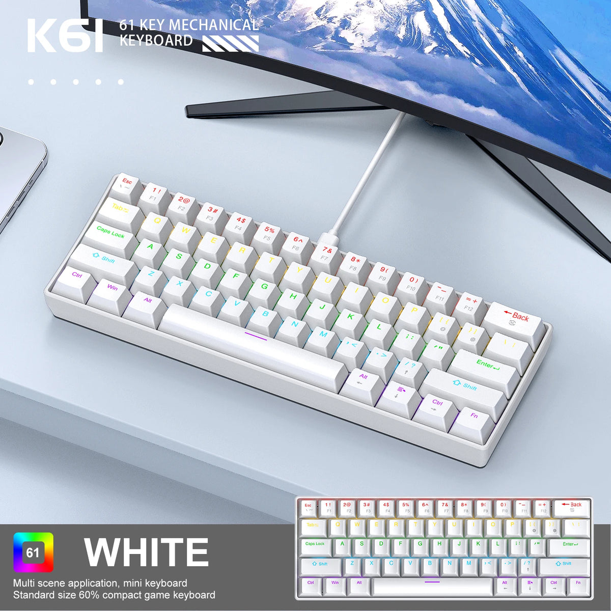 APAYADO K61 Mini Mechanical Keyboard,Wired,61 Keys,Phantom RGB, Black/White Red/Blue Mechanical Switch for Gaming,60% Portable