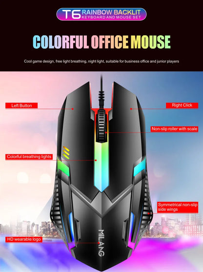 Milang Rainbow Backlit Gaming Combo: Ergonomic Wired Keyboard & Mouse Set