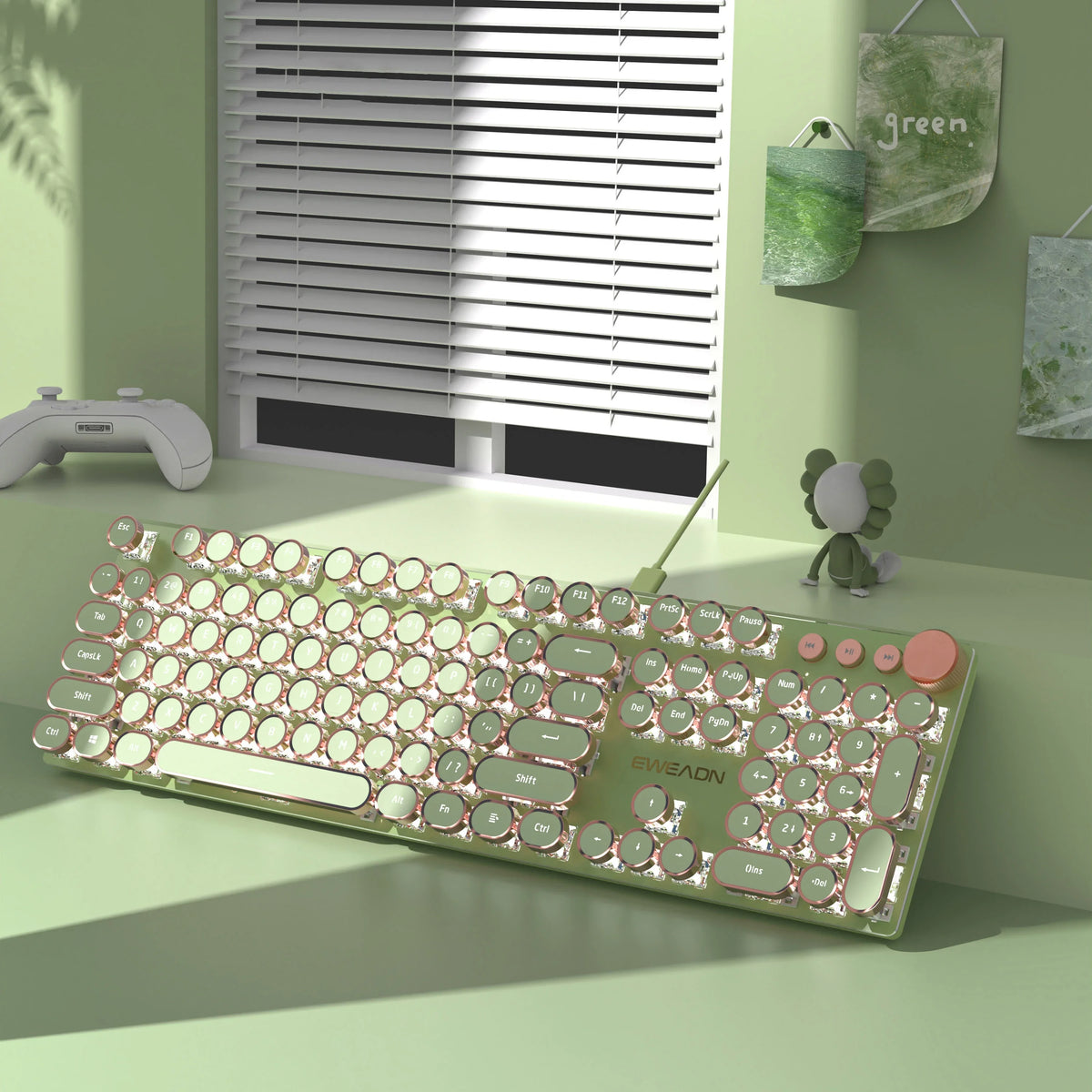 EWEADN V20 Mechanical Keyboard Wired Cute 104 Keys Round Keycaps Gaming Keyboard Retro Punk White Backlit Office Computer Mute