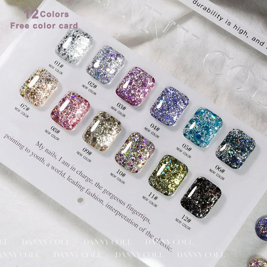 Starlight 12 Colors Sparkling Glitter Gel Nail Polish Set With Color Card 15ML Sequins Nail Gel Semi-Permanent UV LED Varnishes