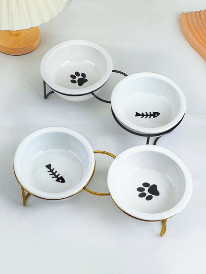 1 Set Elevated Ceramic Cat Bowls 1 Set Non-Slip Ceramic Cat Food And Water Bowls With Iron Bracket, Elevated Tilted Cat Feeder