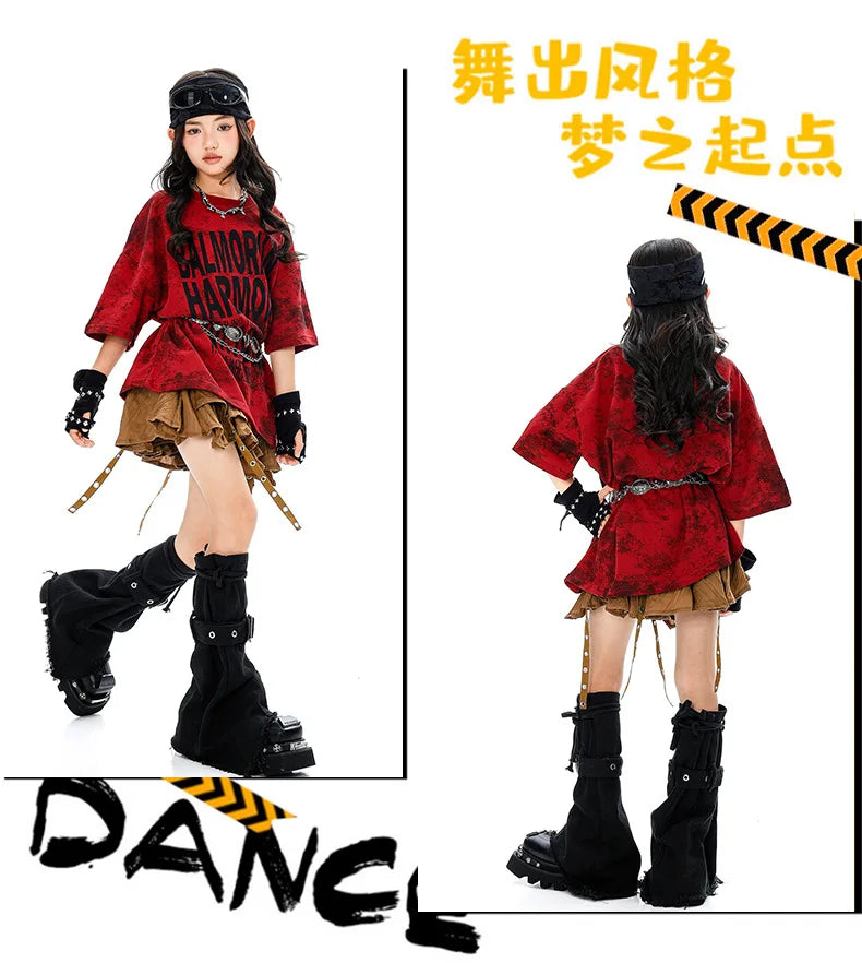 Girls Hiphop Group Jazz Dance Performance Clothes Loose Short Sleeve Top Pants Street Dance Costumes Wear
