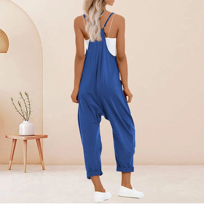 Plus Size Solid Sleeveless V Neck Jumpsuit with Slip Pockets, Casual Women's Clothing