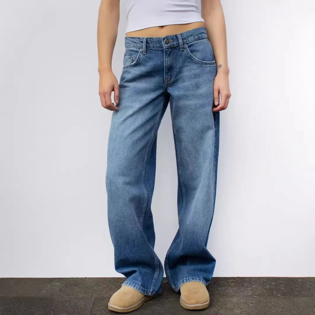 Vintage Distressed Straight-Leg High-Waisted Washing Jeans Loose-Fit Draped Versatile European And American Style Denim Pants