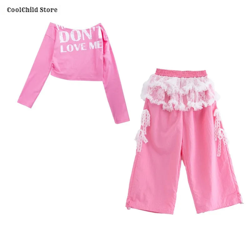 Girls Hip Hop Off Shoulder Crop Top ‌Street Dance Skirts Cargo Pants Children Streetwear Jeans Kids K-pop Girl Group Clothes Set