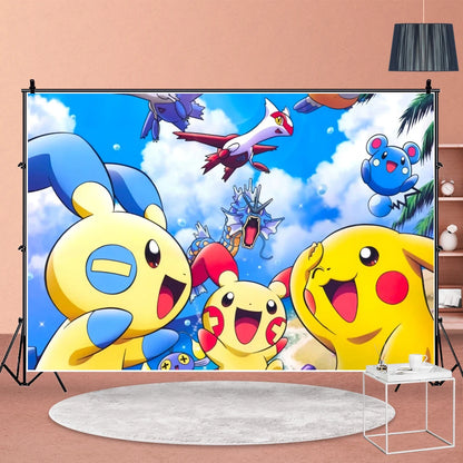 Cartoon Cute Kid Birthday Party Decorations Backdrop Pikachu Theme Photography Background Baby Shower Banner Photo Booth Props