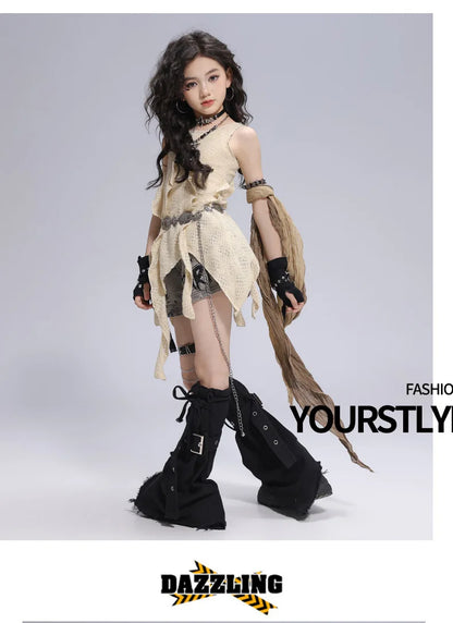 Girls Hiphop Group Jazz Dance Performance Clothes Loose Short Sleeve Top Pants Street Dance Costumes Wear