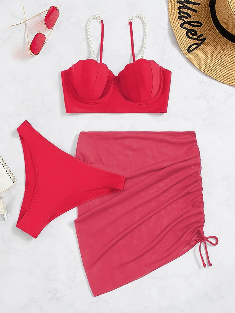Sexy 3 Piece Bikinis Set Women Swimsuit with Skirt Swimwear 2023 New Female Push Up Bikini Beachwear Faux Pearl Bathing Suit
