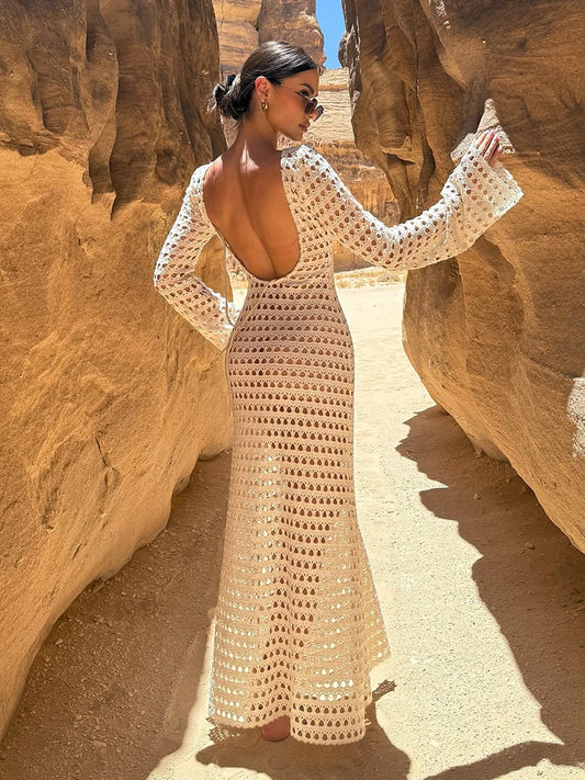 Sexy Knit Mesh Backless Long Bell Sleeve Beach Maxi Dress 2026 Women's Summer Slim Outfits Vacation Swimsuit Cover Up Tunic K205