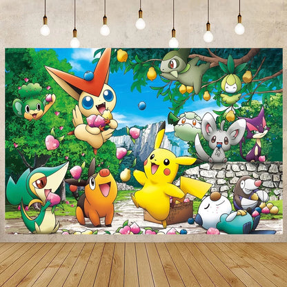 Cartoon Cute Kid Birthday Party Decorations Backdrop Pikachu Theme Photography Background Baby Shower Banner Photo Booth Props