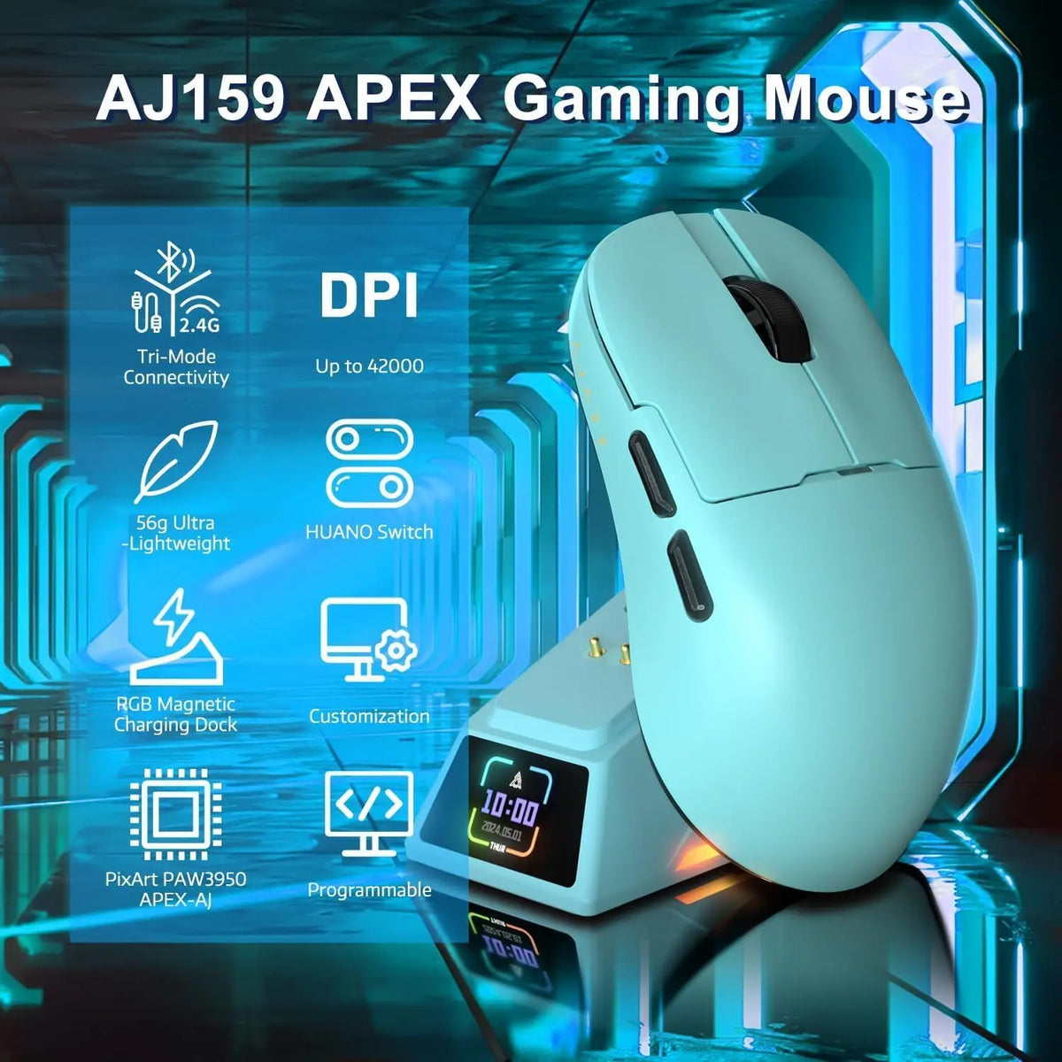 AJAZZ AJ159 APEX Paw3950 Wireless Mouse with RGB Magnetic Charging Base Lightweight Wired Bluetooth Gaming Mouse for PC Laptop