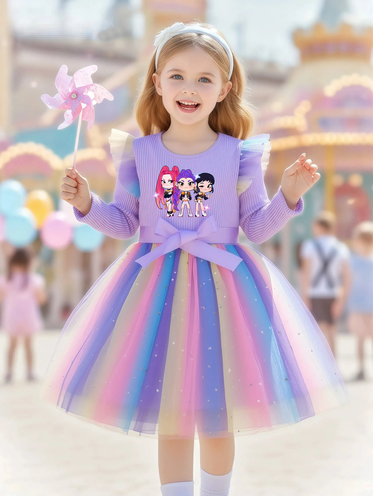 K-Pop Hunters Zoey Mira Rumi Colorful Princess Dress for Kids Girls Casual Long Sleeve Sequin Mesh Dresses Party Gift 1-5Y