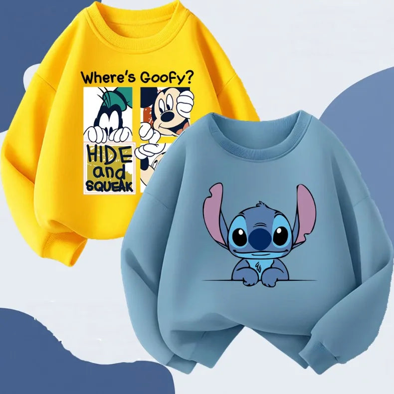2026 Spring Children's Casual Sweatshirts Cartoon Mickey Printed Girls Long Sleeve Tops Kids Fashion O Neck Hoodies Disney