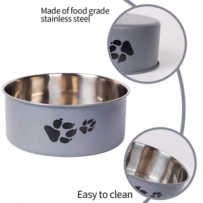 A cartoon-patterned pet bowl, easy to clean, made of stainless steel, suitable for both outdoor and indoor pet owners.