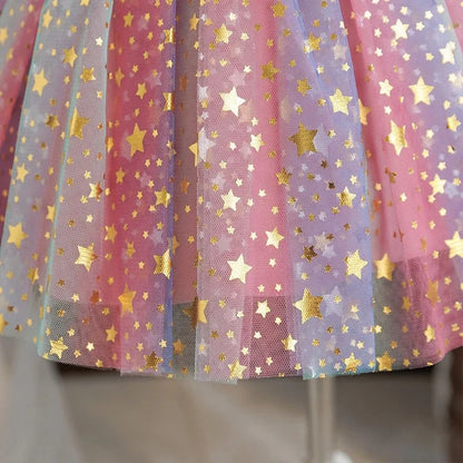 Girls' K-Pop "Starry Gala" Tutu Dress: Rainbow Tulle Gown with Gold Sequins & Ruffle Sleeves