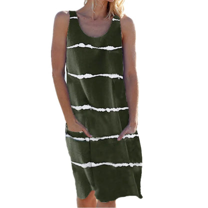 Summer Women's round Neck Printed Striped Vest Dress with Pockets European And United States Style Casual Maxi Dress