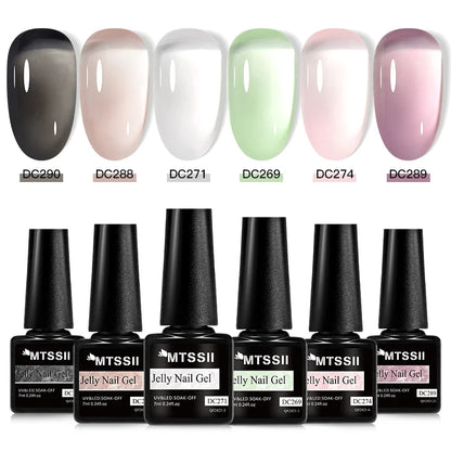 MTSSII 6Pcs/Set Jelly Gel Nail Polish Jelly Transparent Pink Green Black Blue UV Gel Nail Art Varnish Kit Spring Manicure Nails