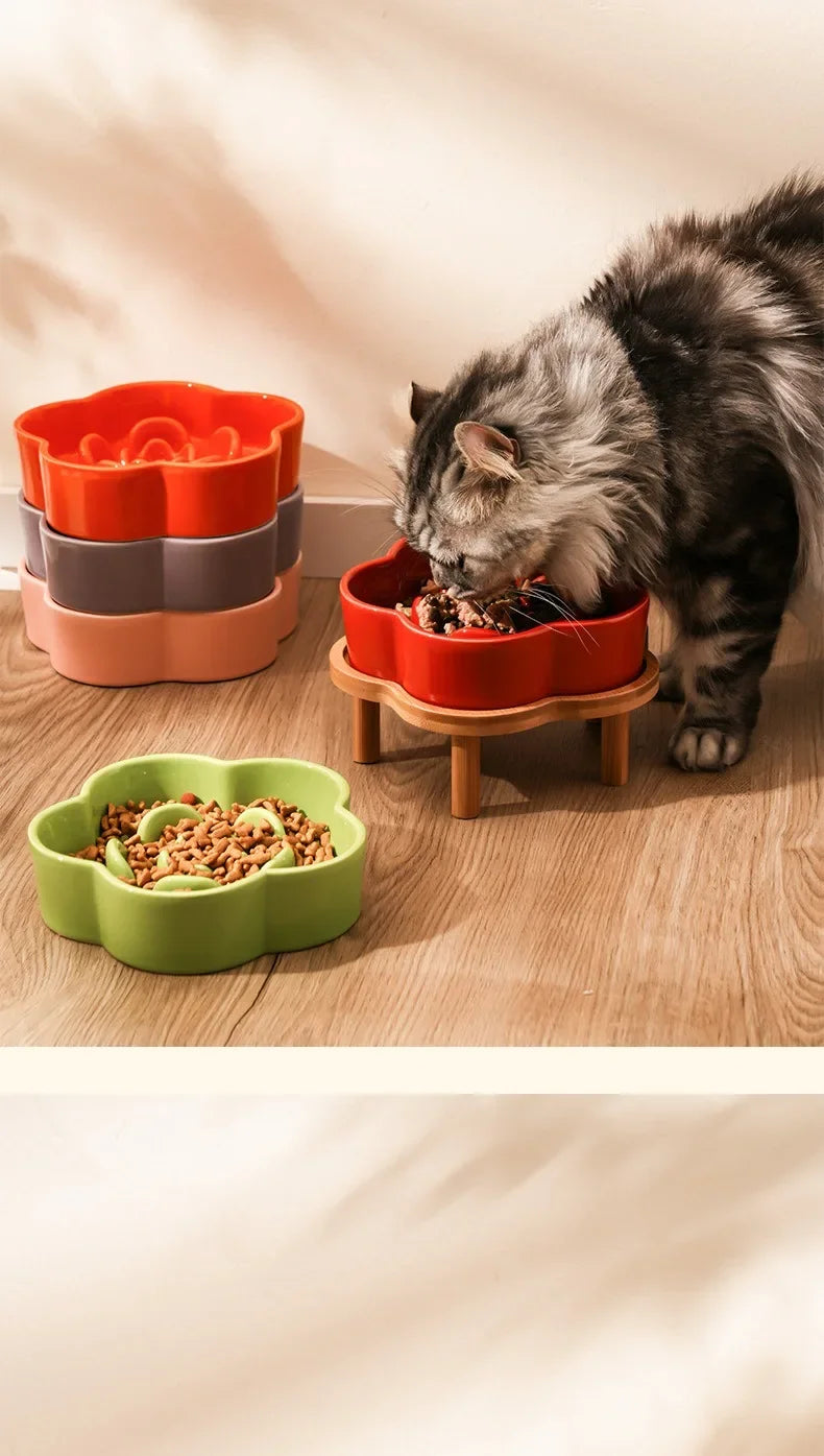 Ceramic Slow Food Bowl Anti-choking Cat Feeding Basin To Prevent Black Chin Small Dog Cat Neck Guard Wooden Frame Slow Food Bowl