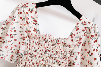 Floral Chiffon Smocked Midi Dress: Butterfly Sleeve Square Neck A-Line Gown