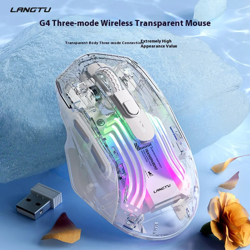 LANGTU G4 Three Mode RGB Bluetooth Wireless Mouse - Desktop Laptop Gaming Office Silent Transparent Mouse