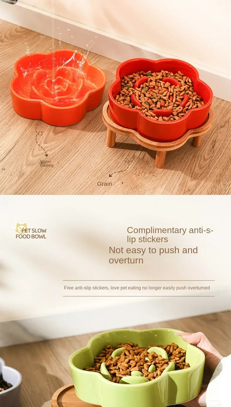 Ceramic Slow Food Bowl Anti-choking Cat Feeding Basin To Prevent Black Chin Small Dog Cat Neck Guard Wooden Frame Slow Food Bowl