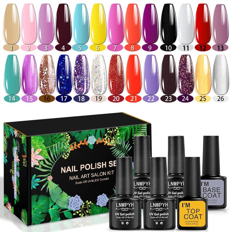 LNWPYH Gel Nail Polish Set Nail Gel Kit 26 Color Semi Permanent UV Led Gel Varnish Soak Off Nail Lacquers Base Coat Top Coat Kit