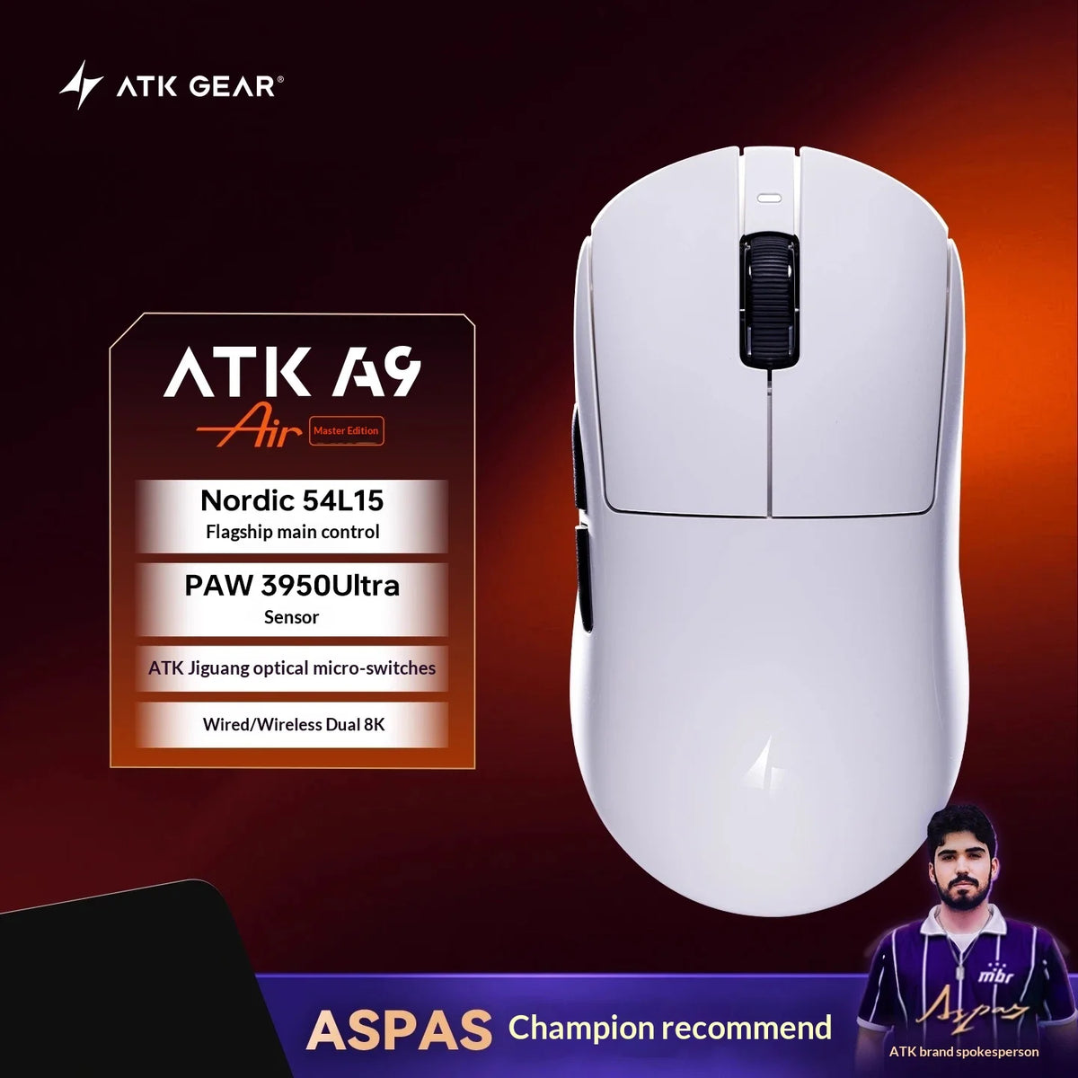 ATK DragonFly A9 Air Ultimate Wireless Gaming Mouse PAW3950 Ultra 42000DPI 750IPS 8KHz RGB Ergonomic Design for Windows MacOs