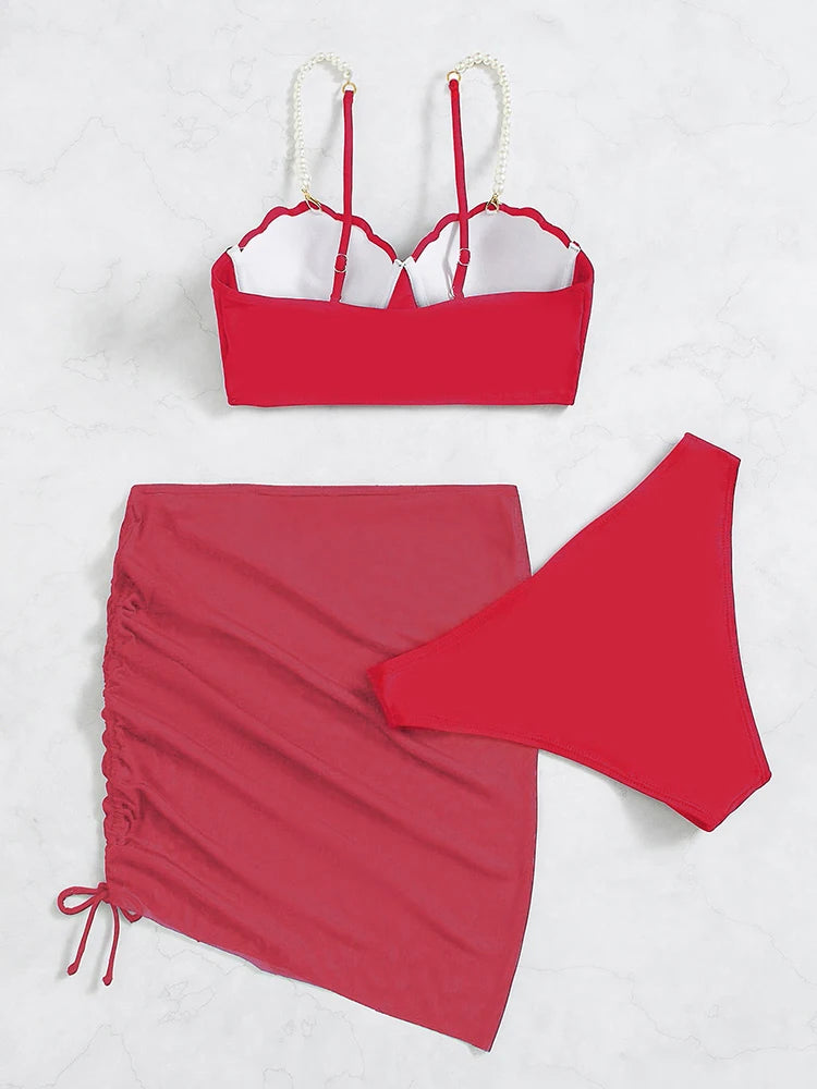 Sexy 3 Piece Bikinis Set Women Swimsuit with Skirt Swimwear 2023 New Female Push Up Bikini Beachwear Faux Pearl Bathing Suit
