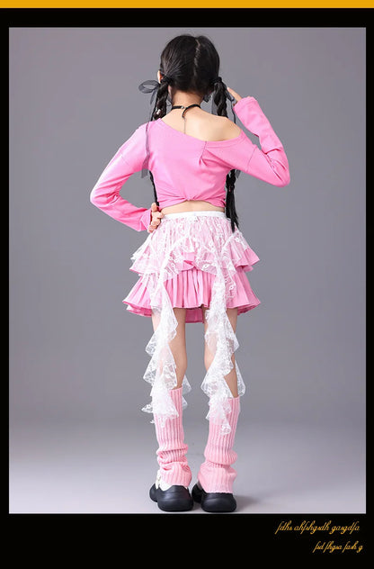 Girls Hip Hop Off Shoulder Crop Top ‌Street Dance Skirts Cargo Pants Children Streetwear Jeans Kids K-pop Girl Group Clothes Set