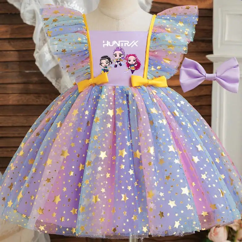Girls' K-Pop HUNTRX "Holiday Star" Tutu Dress: Rainbow Tulle Gown with Gold Sequins & Ruffle Wings