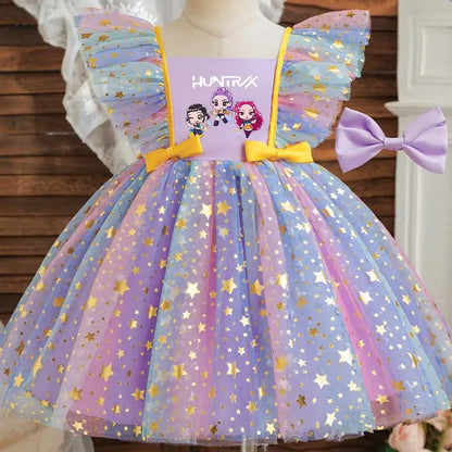 Girls' K-Pop HUNTRX "Holiday Star" Tutu Dress: Rainbow Tulle Gown with Gold Sequins & Ruffle Wings