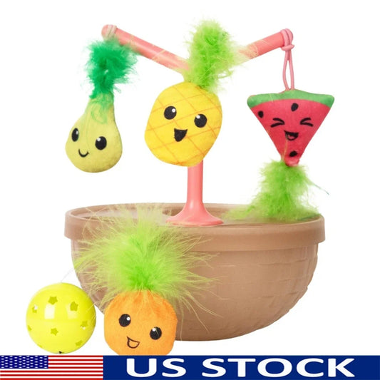 Wobbling Cat Toy Fruit Bowl with 5 Interactive Catnip Toys Jingle Ball Plush Flingers Indoor Entertainment Cats