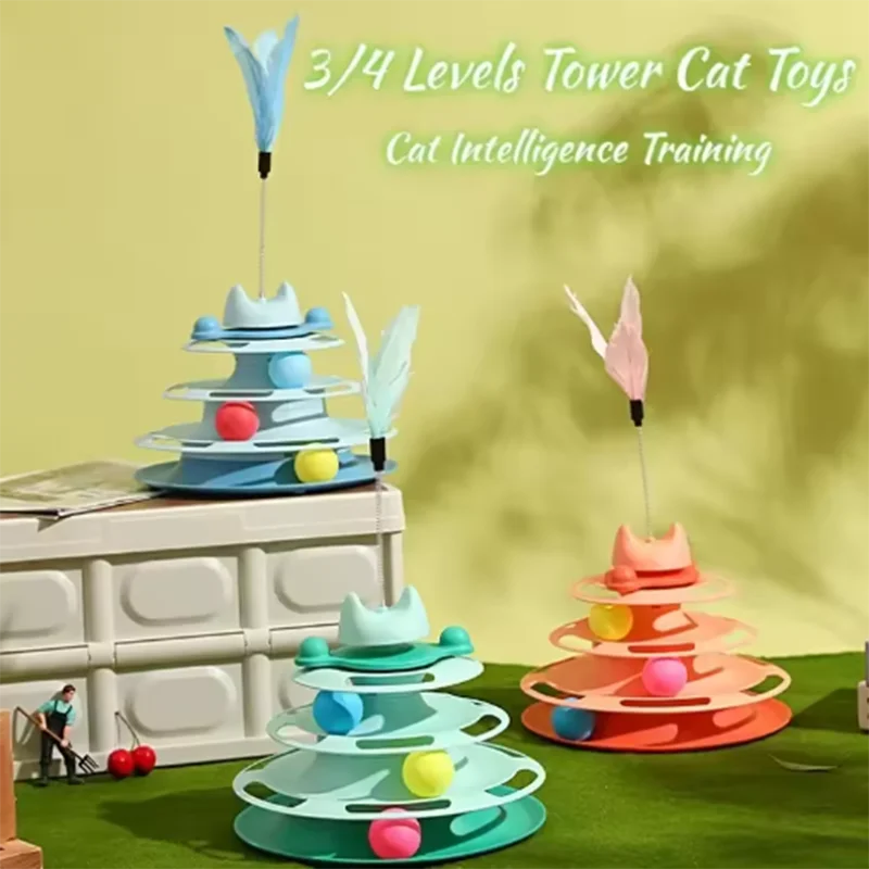 Interactive Cat Toy Tower Kitten Turntable Track Roller Balls Toys With Feather Pets Supplies Toy For Cat Tower