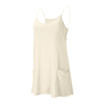 Women's Tennis Dress Solid Color Pocket Sexy Suspender Fake Two-piece Loose Breathable Comfortable Sports Dress