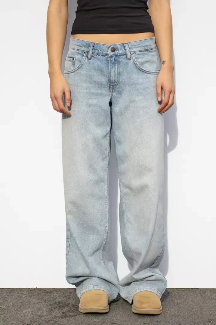 Vintage Distressed Straight-Leg High-Waisted Washing Jeans Loose-Fit Draped Versatile European And American Style Denim Pants