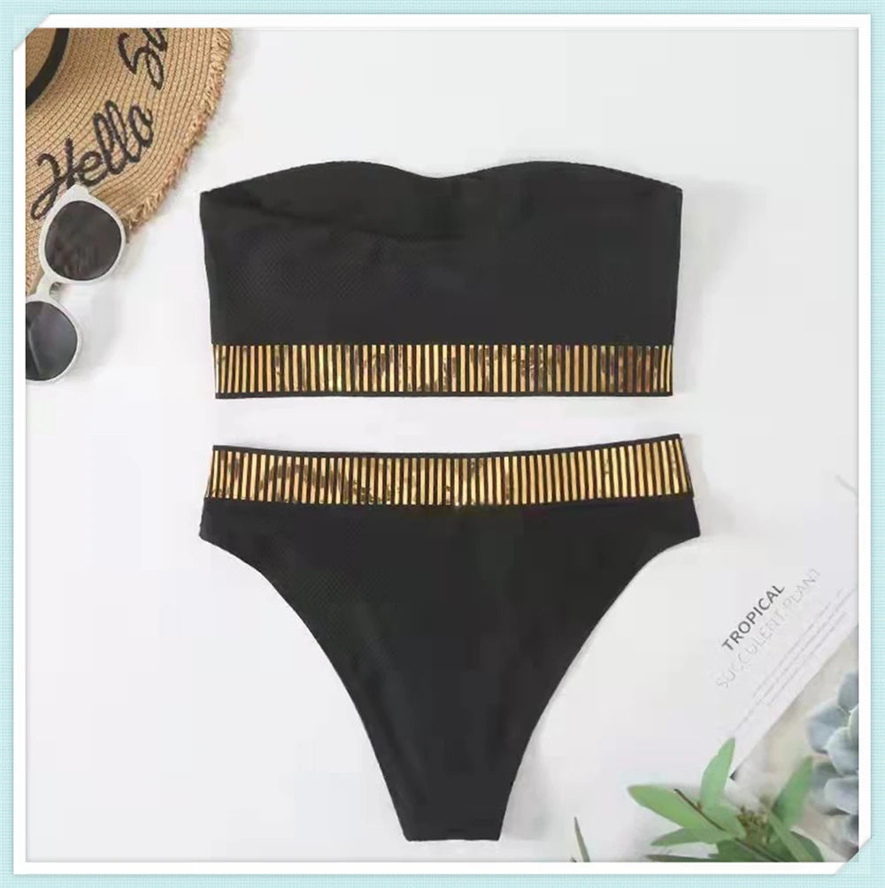 Sexy Bandeau High Waist Bikini 2023 Women Triangle Swimsuit Stitch Detail Swimwear Padded Bathing Suit Female Solid Beachwear