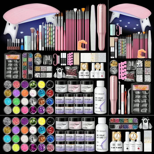 PEACECOLOR Beginner Acrylic Nail Kit With Mini Nail Lamp Nail Drill Machine Multiple Colors Glitter Powder 3 Colors Gel Nail Pol