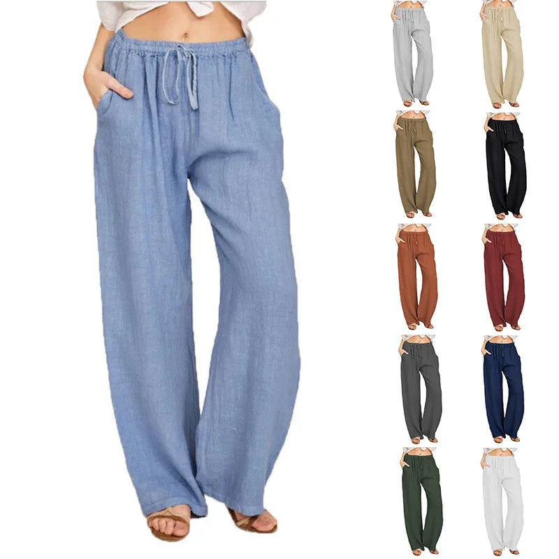 Loose Linen-Blend Wide Leg Casual Pants: Breathable Drawstring Summer Trousers