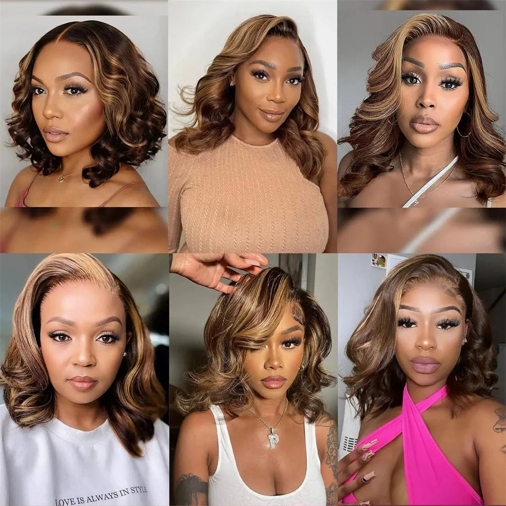 Highlight Body Wave Bob Wig Human Hair 13X4 Lace Front Human Hair Wigs For Women Honey Blonde HD Transparent Lace Frontal Wig