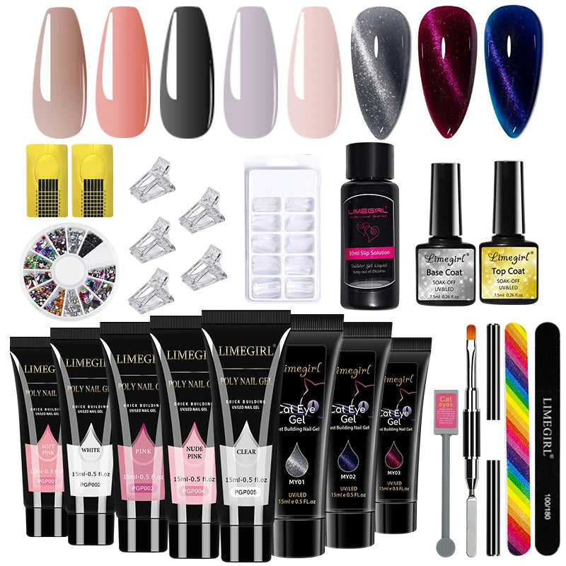 LIMEGIRL 15ml Nail Art Kit Poly Nail Gel Extending Set Cat Eye Extension Gel Nail Art Acrylic Gel Varnish Kit for Novice Beginne