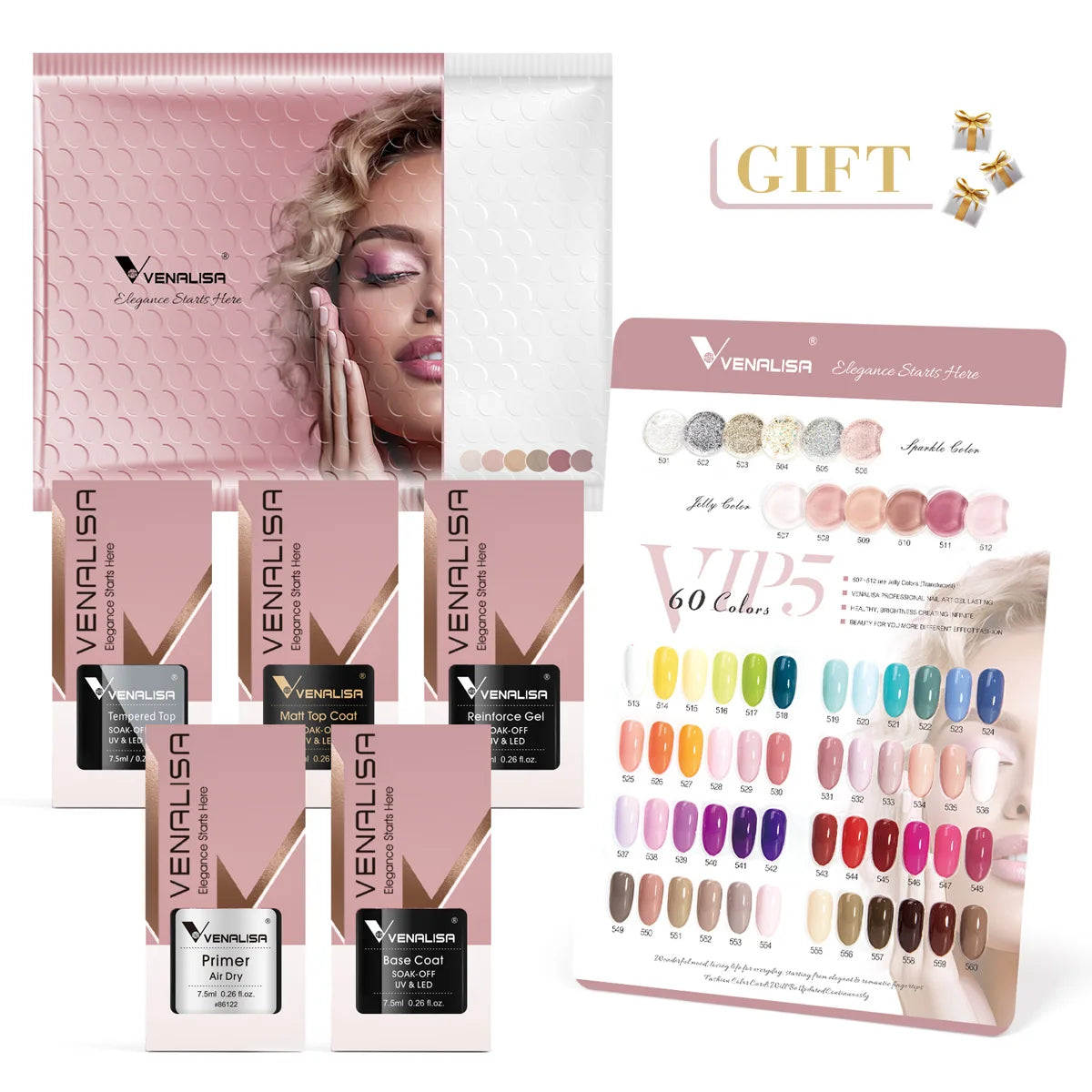 VIP5 VENALISA Gel Nail Polish Kit Hema Free Nude Pink Glitter Gorgeous Color Nail Manicure Soak off UV LED Nail Gel Varnish Set