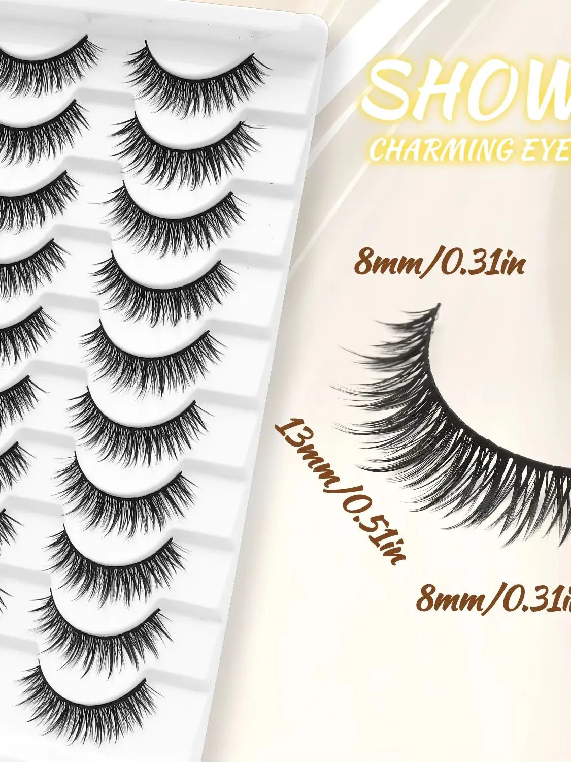 10 pairs of cat-eye false eyelashes, with a natural and thick appearance, length 10-15 millimeters, suitable for beginners