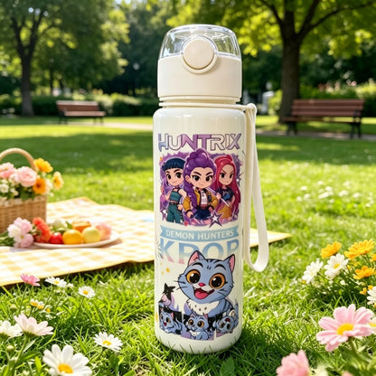 Kids' K-Pop HUNTRX "White Edition" 700ML Water Bottle: 3D Comic Art Leak-Proof Flask
