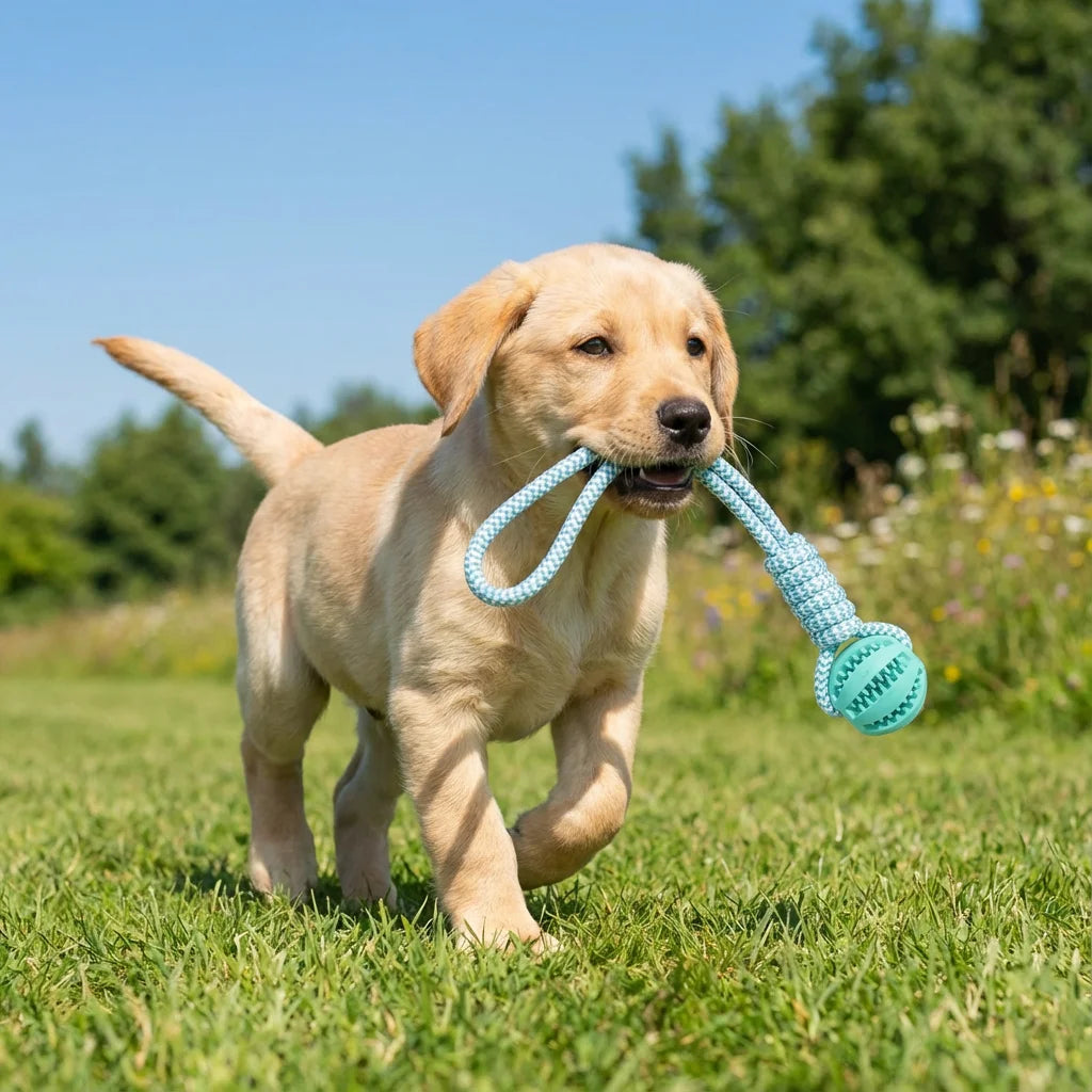 Cotton Rope & Rubber Dog Chew Ball, Treat Dispenser Toy. 18x13cm, Durable, for Boredom & Teething