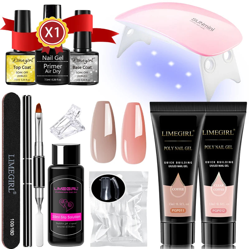 LIMEGIRL 15ml Nail Extension Gel Set with UV LED Light Nail Thickening Sequin Glitter Gel Set Vernis Semi-Permanent Manicure Kit