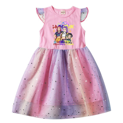 Girls' K-Pop Hunters "Chibi Rainbow" Princess Dress: Flying Sleeve Tutu with Star Sequins