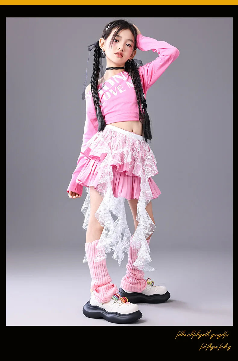 Girls Hip Hop Off Shoulder Crop Top ‌Street Dance Skirts Cargo Pants Children Streetwear Jeans Kids K-pop Girl Group Clothes Set